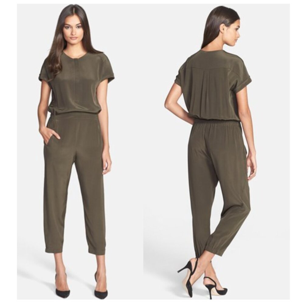 VINCE 100% Silk Jumpsuit Olive Green Short Sleeve Size 10